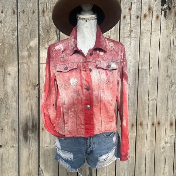 🤠REFASHIONED DYED CROPPED DISTRESSED RED JEAN JACKET SIZE SM - Picture 2 of 8
